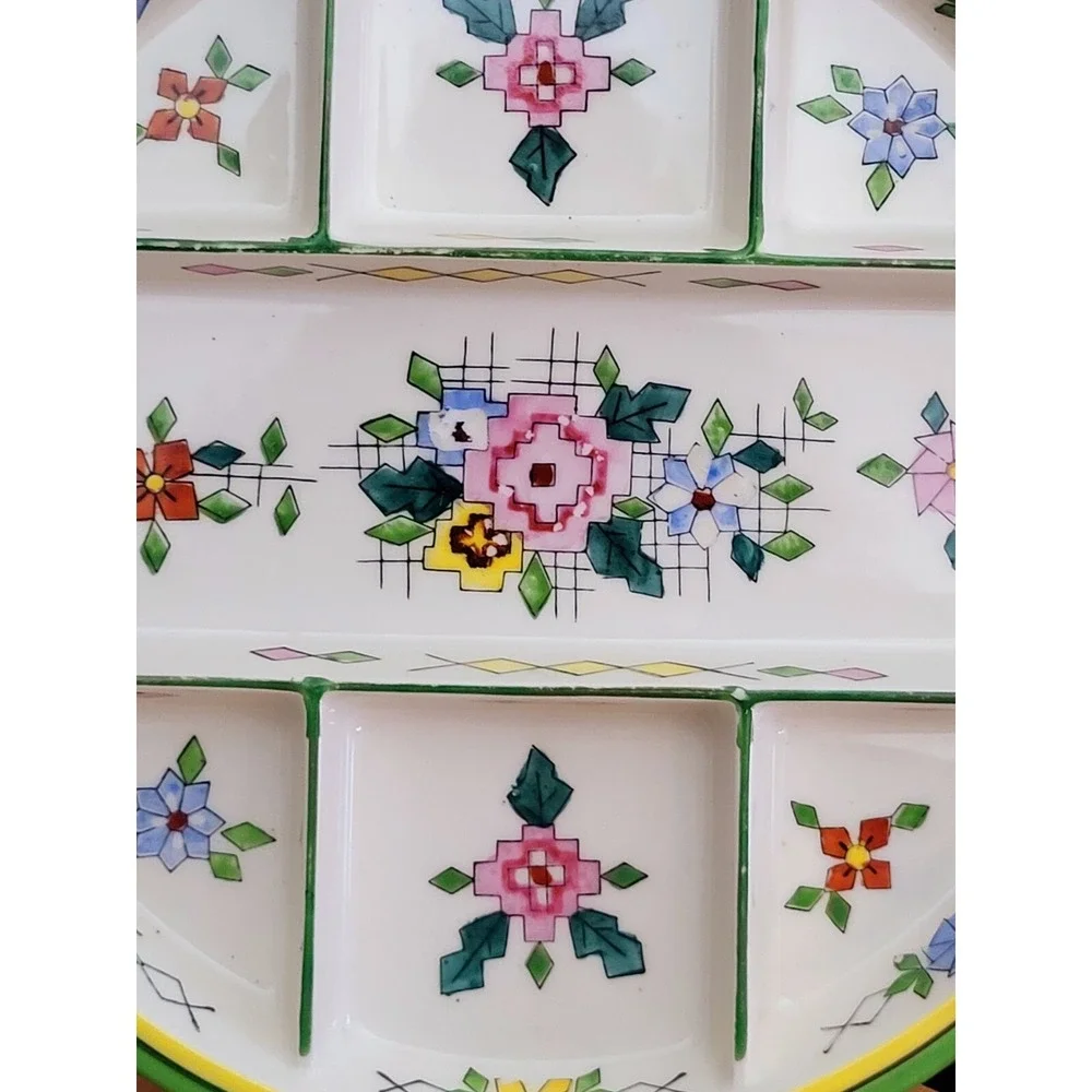 Vintage Divided Ceramic Candy Dish Plate Handpainted Japan RARE Floral Design‎